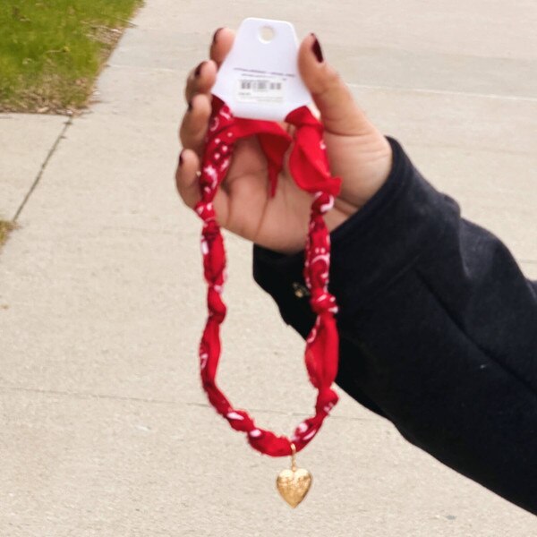 Red Bandana Necklace with Gold Medium Heart Locket